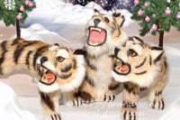 art print of three stuffed tiger toys growling and demanding to be fed