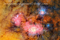 art print of Trifid and Lagoon nebulae with names of stars and nebula