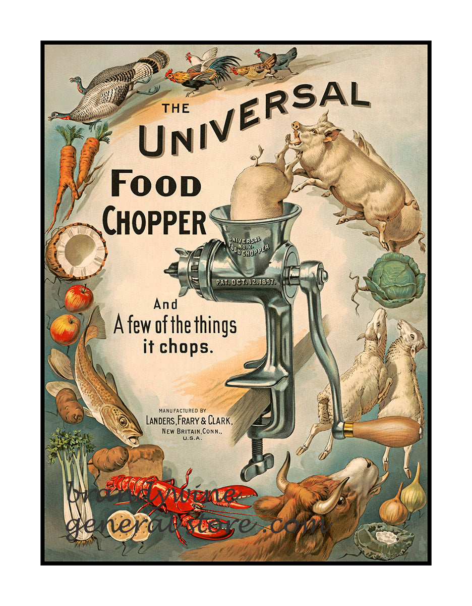 art print of antique ad for Universal Food Chopper with meats and vegetables it chops