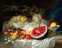 art print of Bodegon by Spanish artist Velazques featuring a table full of lavish fruits