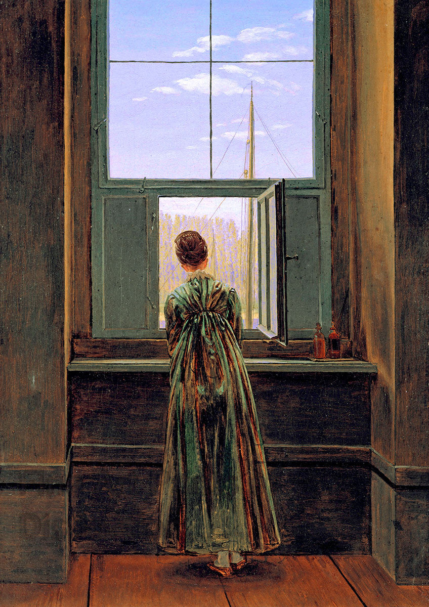 An archival premium Quality art Print of Woman at a Window by David Friedrich Caspar, a German Romantic Landscape painter for sale by Brandywine General Store