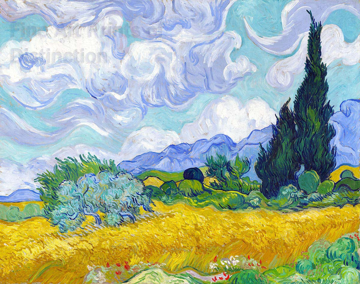 An archival premium quality art print of Wheat Field with Cypress Trees painted by Vincent Van Gogh for sale by Brandywine General Store