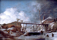 An archival premium Quality Art Print of a Winter Landscape with Wooden Bridge, painted by Philips Wouwerman in 1660 for sale by Brandywine General Store