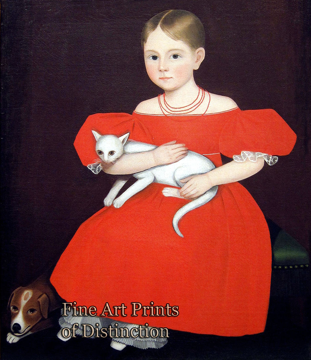 An archival premium Quality Art Print of a Girl in Red Dress with Cat and Dog by Ammi Phillips for sale by Brandywine General Store
