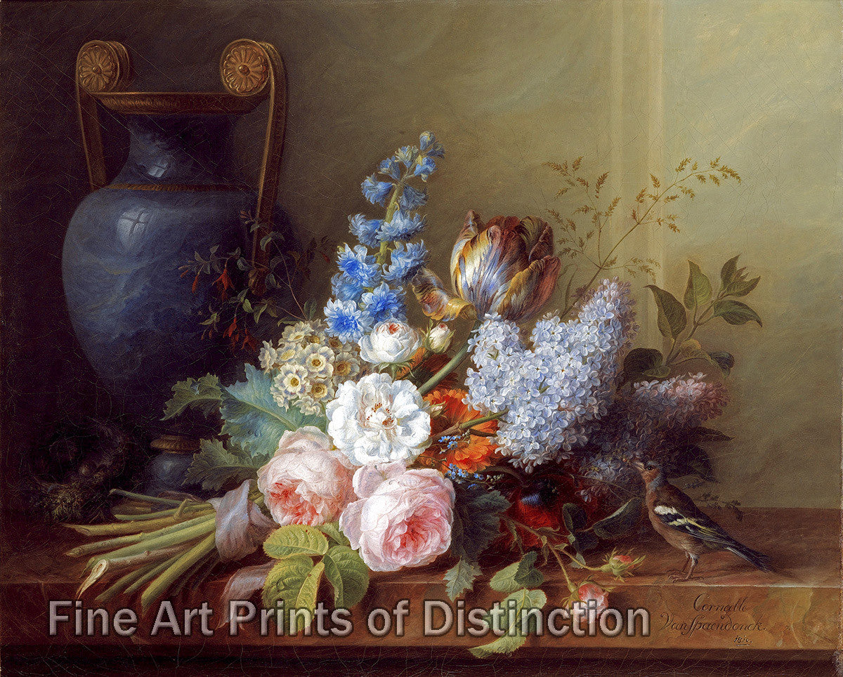 An archival premium Quality art Print of A Flower Bunch with a Bird's Nest by Cornelis Van Spaendonck for sale by Brandywine General Store