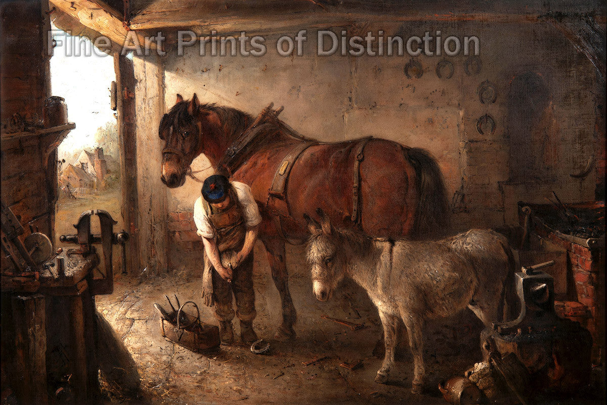 An archival premium Quality art Print of A Farrier Shoeing a Plough Horse by Edward Robert Smythe for sale by Brandywine General Store