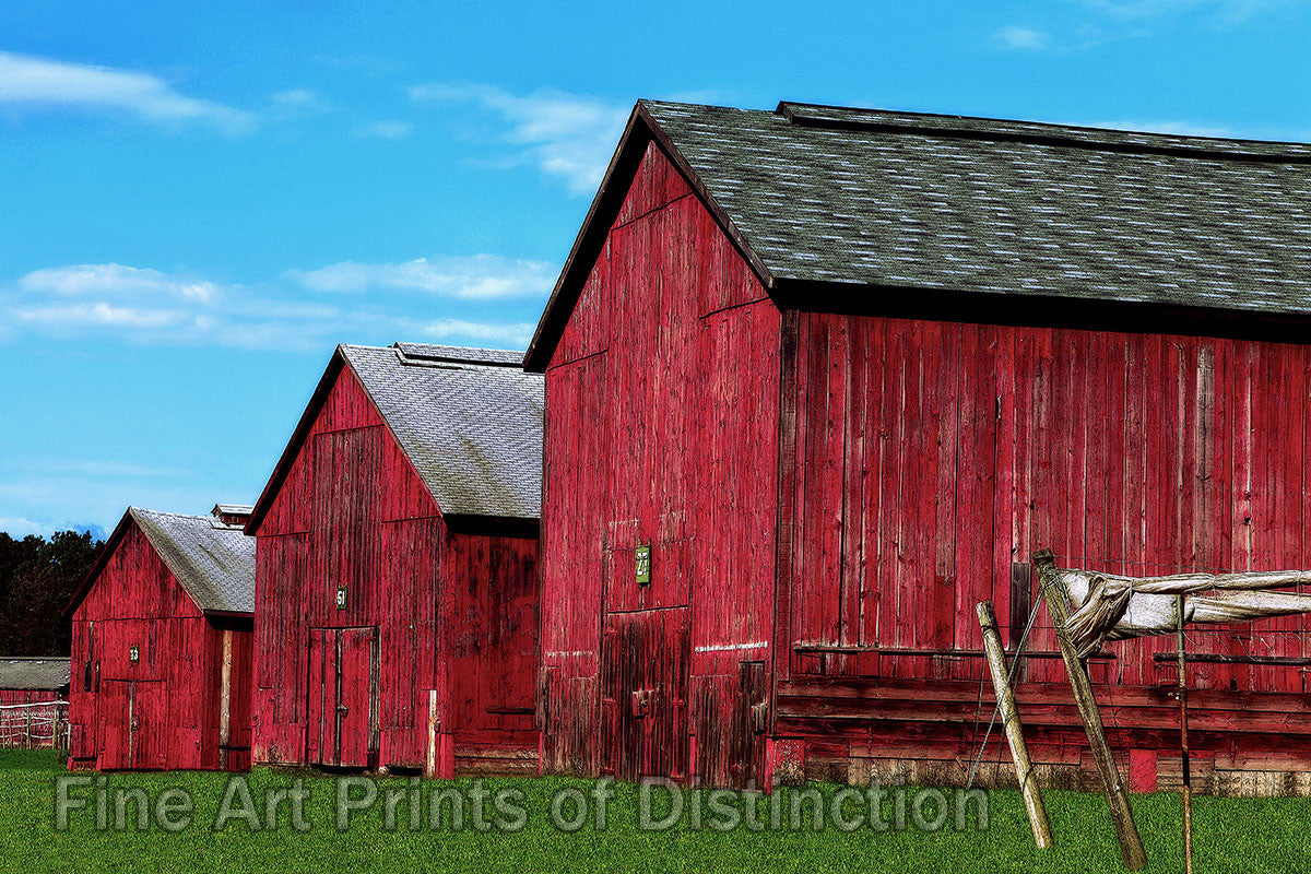 An archival premium Quality art print of Tobacco Barns Three in a Row that are located in Connecticut