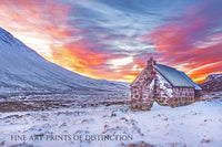 Rock Homestead with Snow and Golden Sunrise Art Print