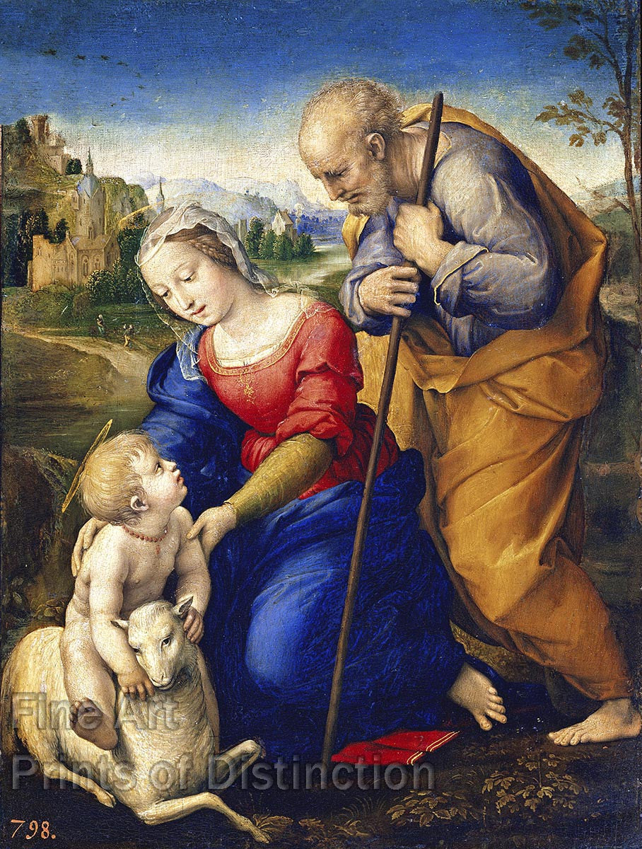 An archival premium quality art print of The Holy Family With a Lamb painted by Raphael in the year 1507 for sale by Brandywine General Store