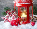 Christmas scene with a Red Lantern, Stars and Snow Holiday art print