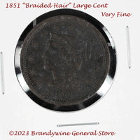 An 1851 Braided Hair Large Cent in very fine condition for sale by Brandywine General Store. The reverse side of this coin will grade lower as you can see in the picture