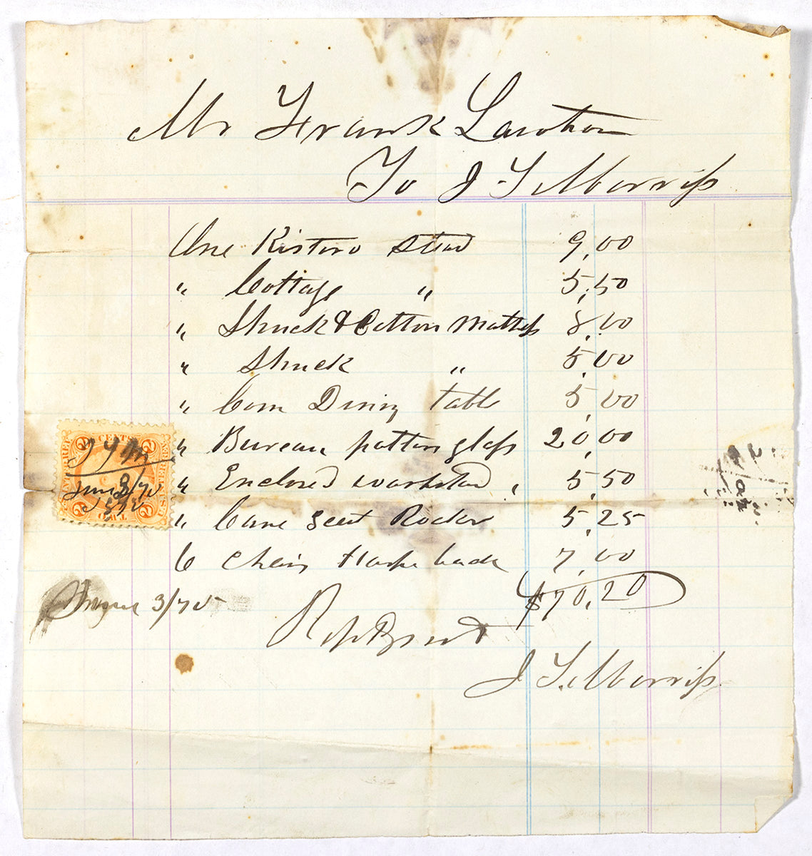 An 1875 Furniture Bill on Credit with a two cent US Internal Revenue Stamp