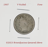 A 1907 Liberty or V Nickel in fine condition