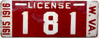1915 - 1916 West Virginia porcelain car license plate