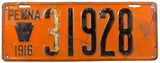 An Antique 1916 Pennsylvania passenger car license plate for sale at Brandywine General Store in very good minus condition