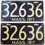An antique pair of 1917 Massachusetts car license plates in very good minus condition with discoloring