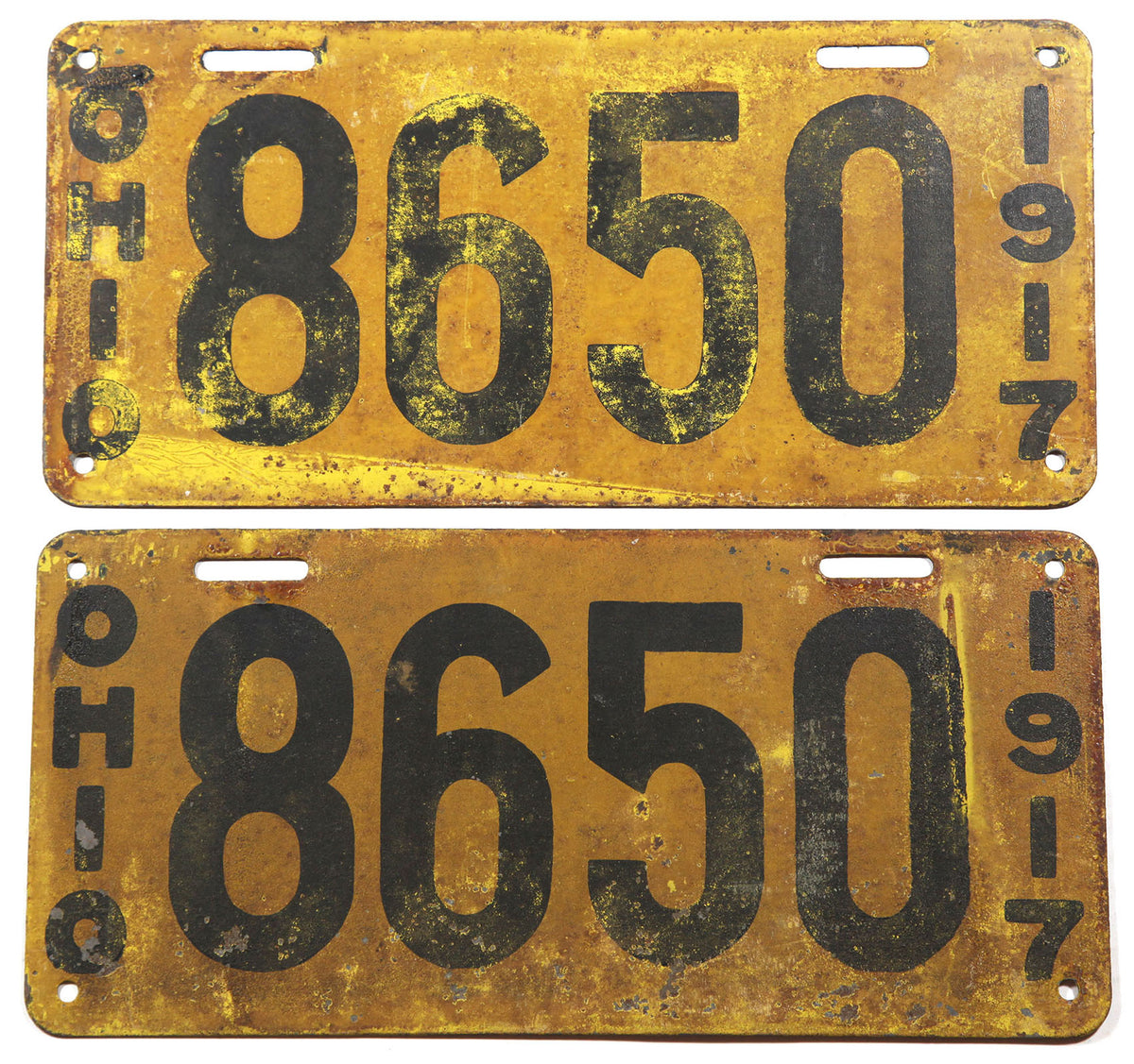 A pair of early 1917 Ohio License Plates for a passenger automobile for sale by Brandywine General Store grading good plus