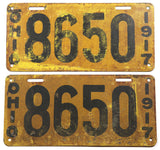 A pair of early 1917 Ohio License Plates for a passenger automobile for sale by Brandywine General Store grading good plus