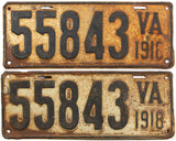 An antique pair of 1918 Virginia car license plates in good plus condition with light bends