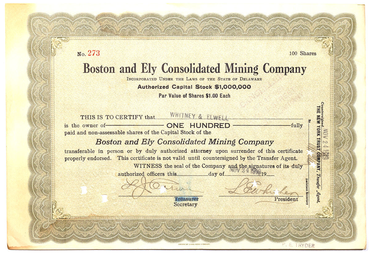 A 1914 Boston and Ely Consolidated Mining Company stock certificate