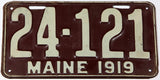 An antique 1919 Maine car license plate in very good condition