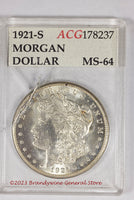 A 1921-S Morgan Silver Dollar in mint state 64 condition certified by Accugrade