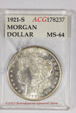 A 1921-S Morgan Silver Dollar in mint state 64 condition certified by Accugrade