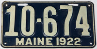 An antique 1922 Maine car license plate in very good plus condition