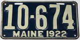 An antique 1922 Maine car license plate in very good plus condition