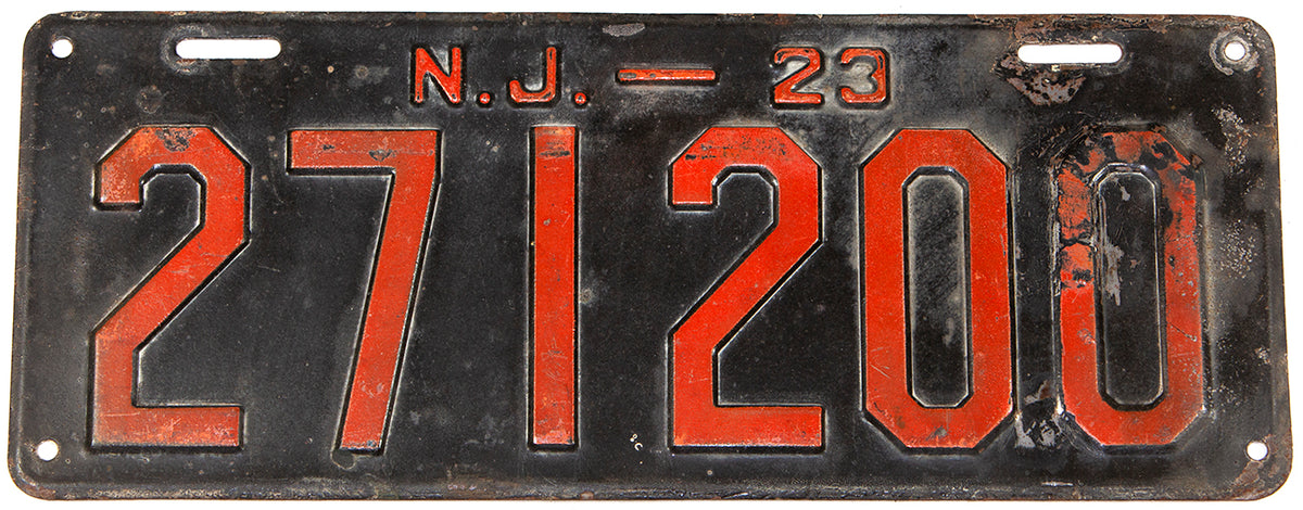 An antique 1923 New Jersey passenger car license plate in very good condition