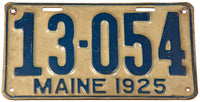 An antique 1925 Maine car license plate in very good condition