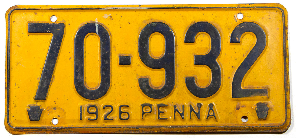 An antique 1926 Pennsylvania car license plate in very good condition