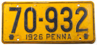 An antique single 1926 Pennsylvania passenger car license plate for sale at Brandywine General Store in very good condition