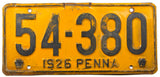 An antique single 1926 Pennsylvania passenger car license plate for sale at Brandywine General Store in very good condition