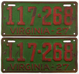 An antique pair of 1927 Virginia car license plates in very good minus condition with extra small nail holes