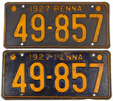 An antique pair of 1927 Pennsylvania passenger car license plates for sale at Brandywine General Store in very good minus condition