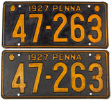 An antique pair of 1927 Pennsylvania passenger car license plates for sale at Brandywine General Store in very good minus condition