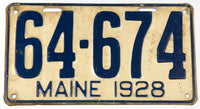 An antique 1928 Maine car license plate in very good condition
