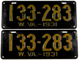 An antique pair of 1931 West Virginia car license plates in very good plus condition