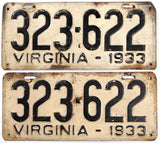 An antique pair of 1933 Virginia car license plates in very good minus condition