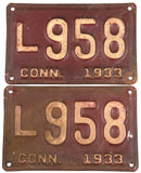 An antique pair of 1933 Connecticut passenger automobile license plates for sale by Brandywine General Store in very good minus condition