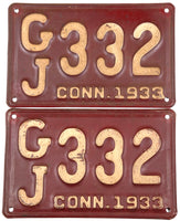 An antique pair of 1933 Connecticut passenger automobile license plates for sale by Brandywine General Store in very good condition