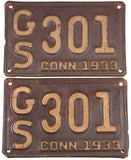 An antique pair of 1933 Connecticut passenger automobile license plates for sale by Brandywine General Store in very good minus condition