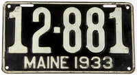 An antique 1933 Maine car license plate in very good plus condition