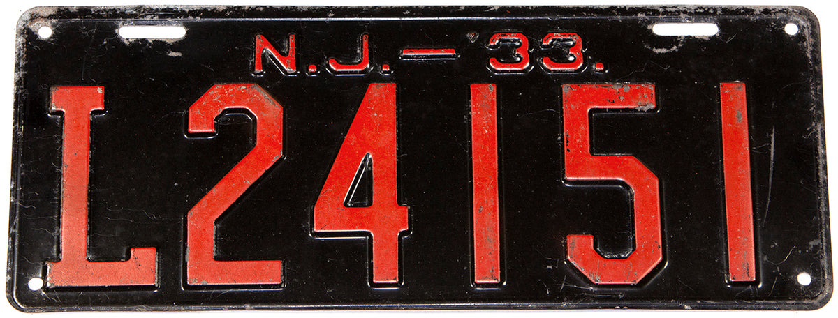 An antique 1933 New Jersey passenger car license plate in very good plus condition