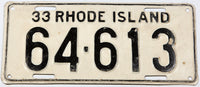 An antique 1933 Rhode Island car license plate in very good condition