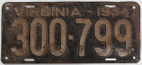 An antique 1934 Virginia car license plate in good condition