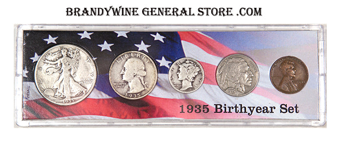 A 1935 Birth Year coin set which includes the Walking Liberty Half Dollar, Washington Quarter, Mercury Dime, Buffalo Nickel and Wheat Penny for sale by Brandywine General Store