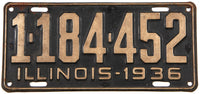 An antique 1936 Illinois passenger car license plate for sale at Brandywine General Store in very good minus condition with 2 repaired tack holes