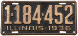An antique 1936 Illinois passenger car license plate for sale at Brandywine General Store in very good minus condition with 2 repaired tack holes